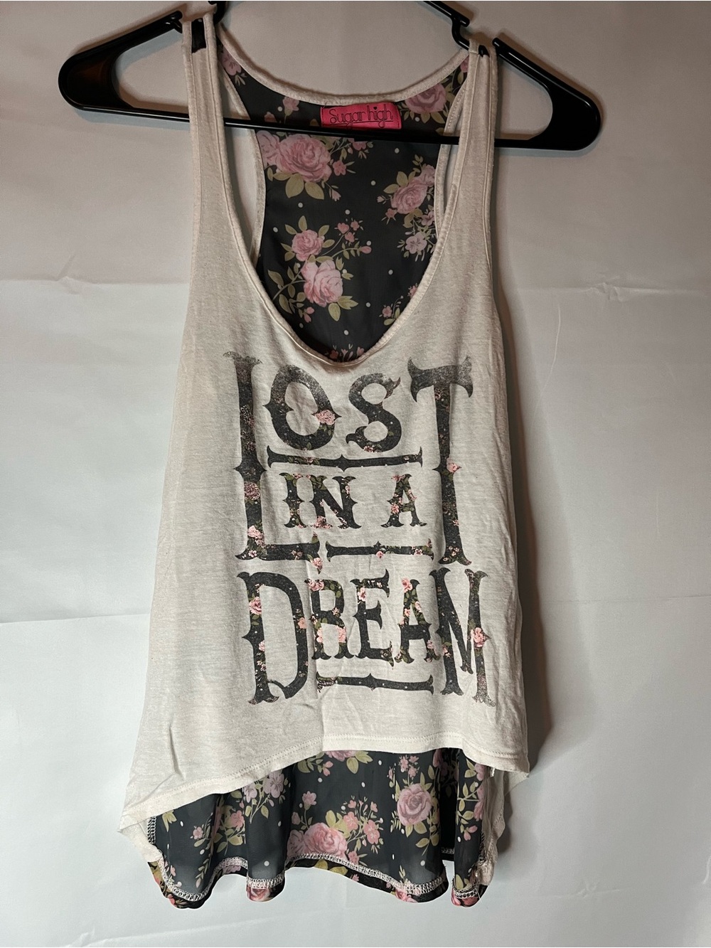Cream Graphic Tank Top with Floral Chiffon Back - Lost in a Dream